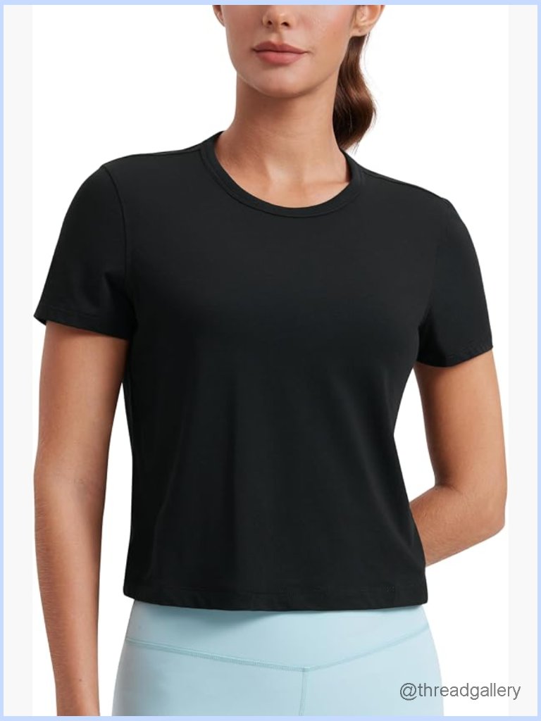 Pima Cotton Crop Top High Neck Short Sleeve Workout Yoga Athletic T-Shirt